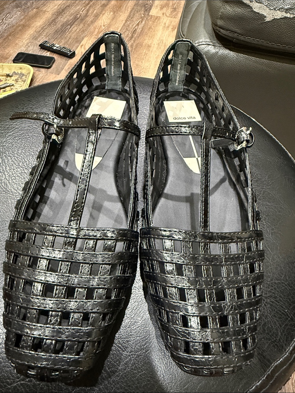 Dolce Vita Patent Black Woven T-Strap Flats